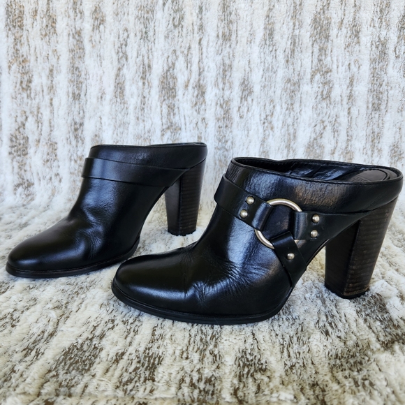 Frye "Laurie Harness Mule" Black Leather Moto Heeled Clogs | Women's Size 7 - Picture 2 of 12